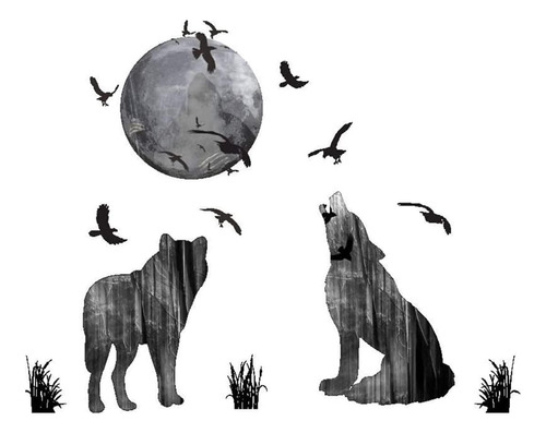 Calcomanías De Pared De Lobo Y Luna, Murales De Animales Ext