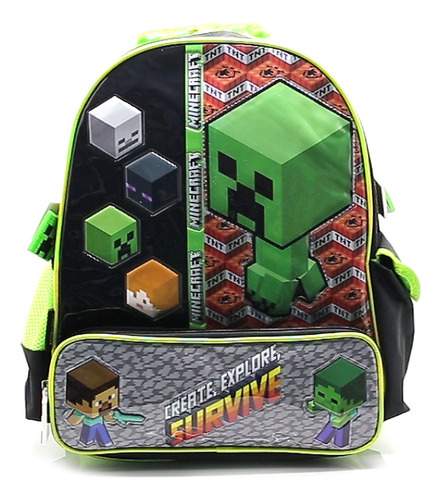 Mochila Escolar Espalda 16 Minecraft Survive Primaria Color Verde Diseño De La Tela Liso