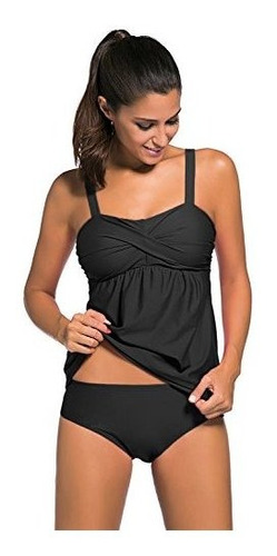 Aleumdr Traje De Baño, Top, Tankini, Fruncido, Liso, Con Pa