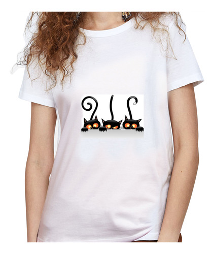 Camiseta Dama Estampada tres Gatos Ilustracion