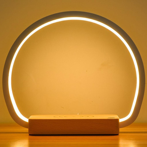 Círculo Led Lámpara De Mesa Base De Madera 3 En 1 Altavoz