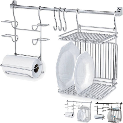 Kit Cozinha Suspensa Escorredor Porta Rolos Papel Toalha Filme 3 Ganchos Kit3 Cromado Louças Cook Home Com Nota Fiscal