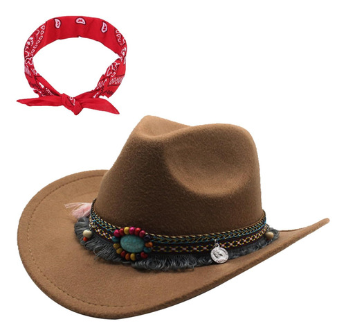 Sombrero Vaquero Fieltro Con Bandana Vaquero, Cinturón Rojo