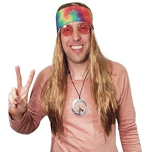 Disfraz De Hippie Wig Con Tie Dye Bandana 60s 70s Hippy Wood