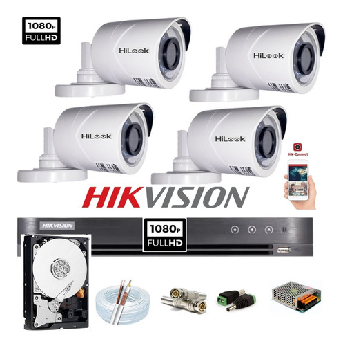 Kit Hikvision 4 Cam Ir 20m Full Hd 1080p Dvr 4 Turbohd C/ Hd
