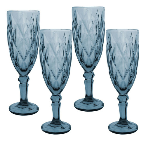 Copa Labrada Champagne Vidrio Flauta Cristal 170ml Vittori Azul Cobalto/4 Piezas