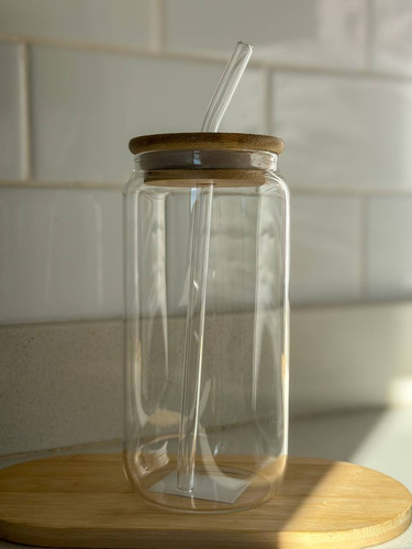 Vaso De Vidrio Estilo Lata Con Tapa Y Sorbete 500ml Transparente