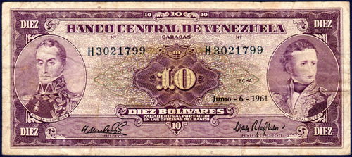 Billete 10 Bolívares H7 Junio 6 1961 Bolívar Y Sucre