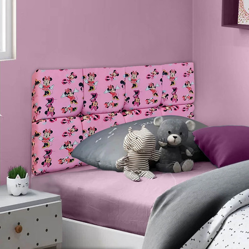 Cabeceira Estofada 90cm Para Cama Box Infantil Minnie Rosa