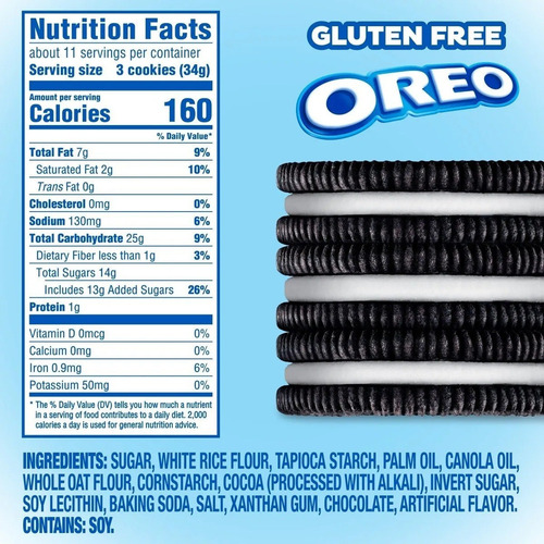 Imagen 2 de 3 de Galletas Oreo Gluten Free 376grs Importado Envio Express