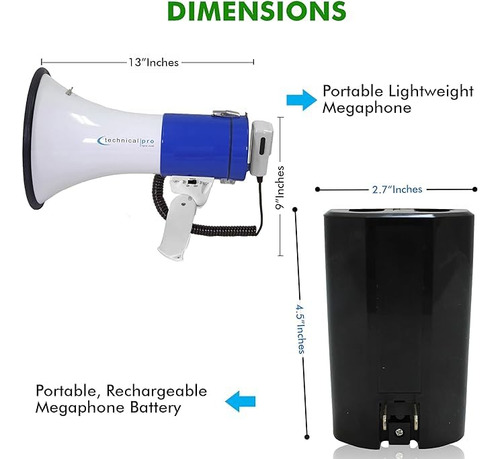 Technical Pro Megáfono Grabadora de Voz Recargable Portatil USB/SD Sirena Grabador y Reproductor De alcance x M 75Watts