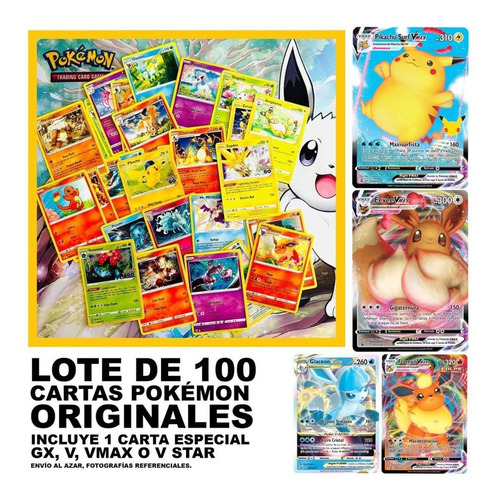 Lote 100 Cartas Pokémon Incluye Carta Vastro, Vmax, V O Gx!