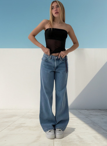 Jean Wide Leg Rígido Frizado Tiro Alto Dama Kapri