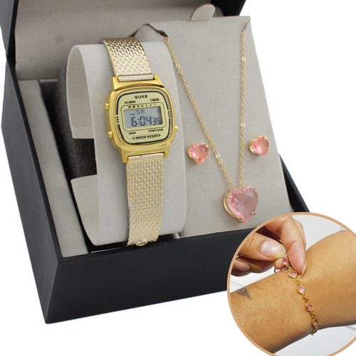 Relógio Digital Dourado Vintage Feminino + Corrente Pulseira