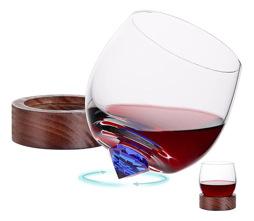 Copa Vino Sin Tallo Con Base Madera Vaso Vidrio Giratorio Si