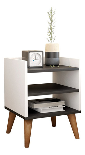 Mesa De Cabeceira Mesinha Canto Retro Pé Palito Madeira Acabamento Fosco Cor Preto-Branco