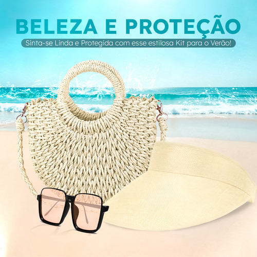 Kit Bolsa Palha Feminina+viseira Moda Verão E Oculos De Sol