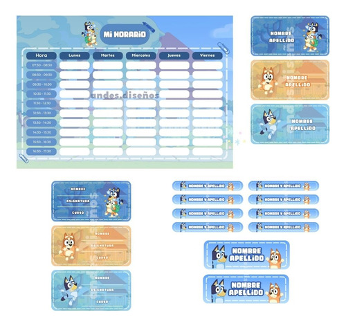 Kit Escuela Bluey Horario, Etiquetas Personalizadas Digital