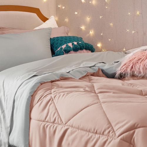 Juego Edredon Y Ropa De Cama Individual Xl Rosa Claro Y Gris