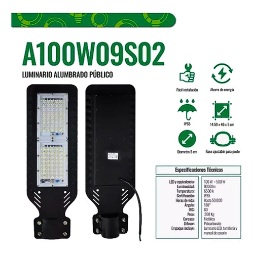 Pack De 5 Lámparas Luminarias Led De 100 Watts Luz Blanca Ip65 9000lm Y Base Ajustable Para Poste