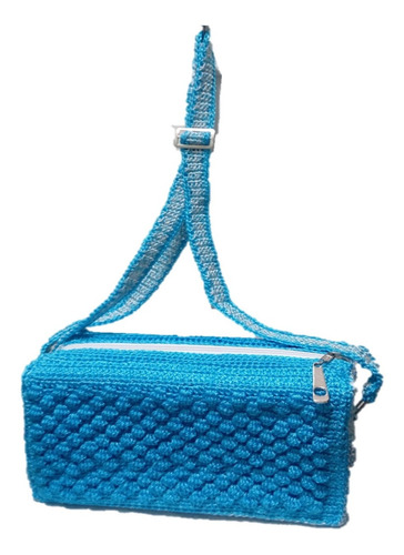 Bolso Tejido A Crochet Tipo Neceser Azul Celeste Jeannetmy