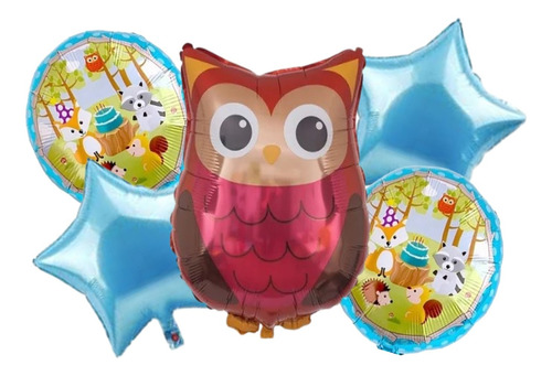 Bouquet De 5 Globos Foil Tematica Animales Del Bosque - Buho