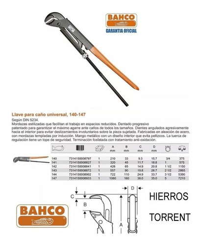 Imagen 3 de 7 de Llave Caño Stilson Bahco 142 426 Mm Apertura 65 Mm