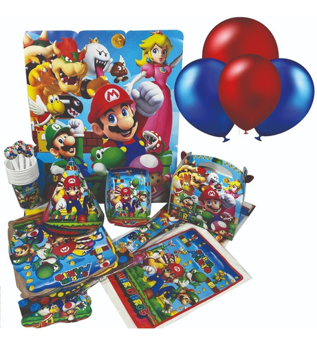 Set Fiesta Piñata Decoración Mario Bros Para 12 Personas 