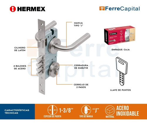 Imagen 2 de 5 de Cerradura Embutir Acero Inox Entrada Principal Hermex 43015
