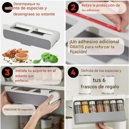 Especiero Plegable Organizador 6 Frascos Cocina Estante Blanco Y Gris