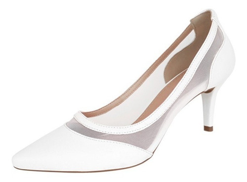 Imagem 2 de 4 de Sapato Scarpin Branco Noiva Telinha Transparente Salto Médio