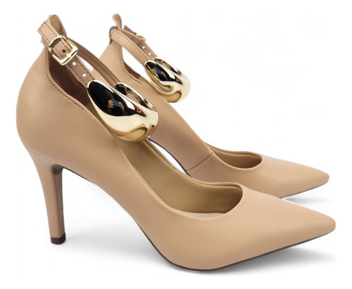 Scarpin Salto Alto Com Tira Tornozelo Dourado