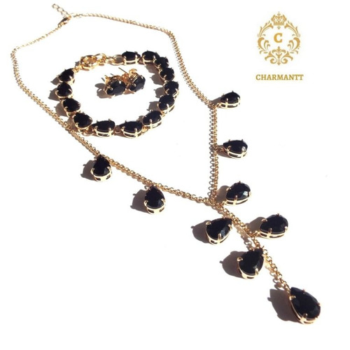 Conjunto Brinco, Anel E Pulseira Preto