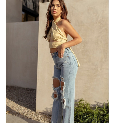 Imagen 4 de 6 de Pantalón Jeans Mom Rotos Tiro Alto Mod.dx-2021507 Marca Hyr®