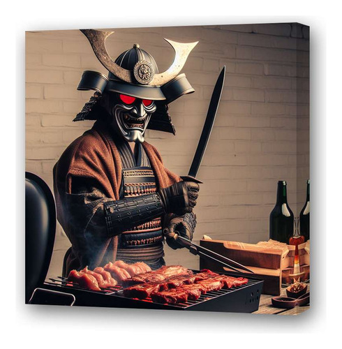 Cuadro 60x60cm Samurai Cocinando Parrilla Brasas Fuego