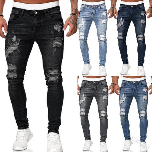 Jeans Ajustados De Mezclilla Rasgados Y Modernos For Hombre