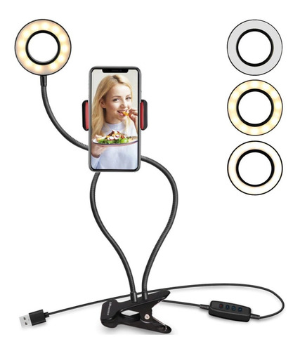 Aro De Luz Led 10 Cm + Soporte Celular Flexible Escritorio