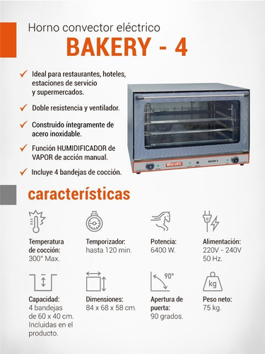 Horno Convector Electrico Moretti Bakery 4 Bandejas 40x60 Cm