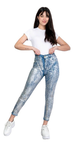 Pantalon Jean Chupin Elastizado Full Metalizado Azul T 46