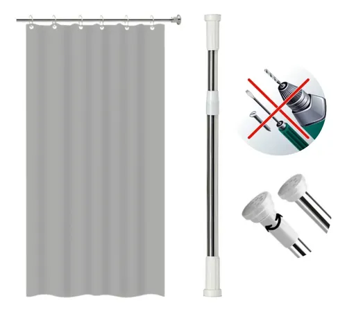 Kit Cortina Box Banheiro Varão Extensivel 70cm A 1,20 Metros Cinza Lisa + Varão