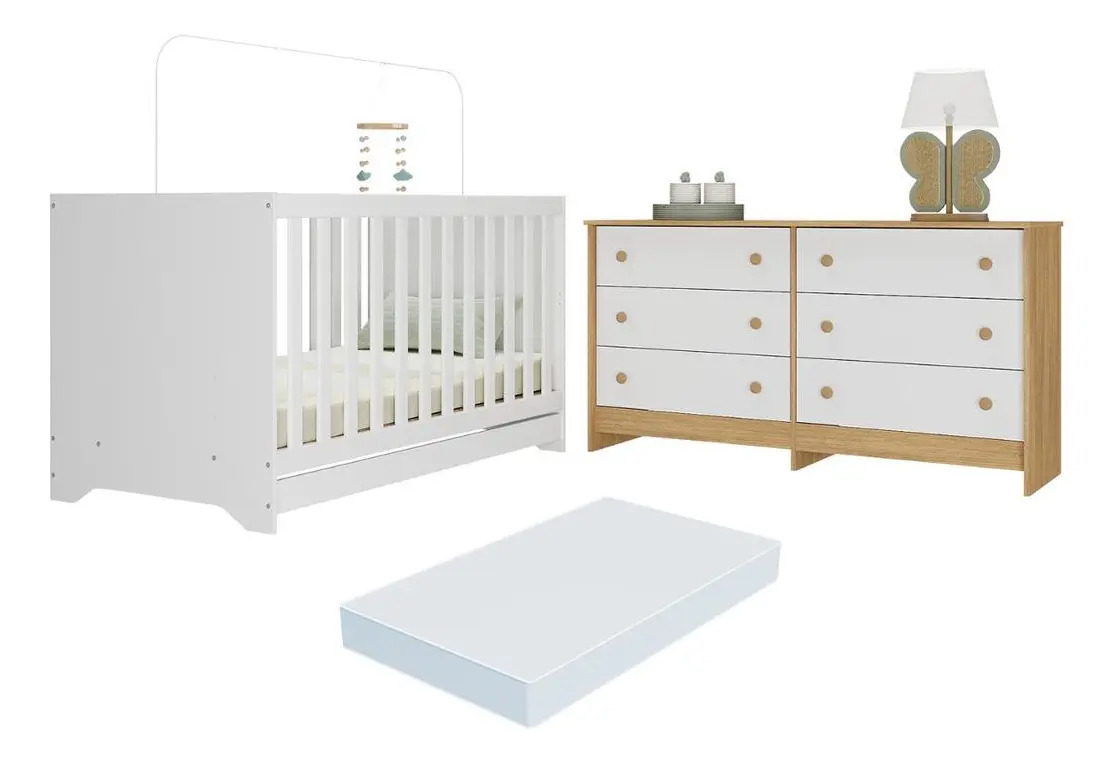 Berço Americano 3 em 1 com Colchão Incluso e Cômoda Caramelo Multimóveis MP4678 Branco/Madeirado