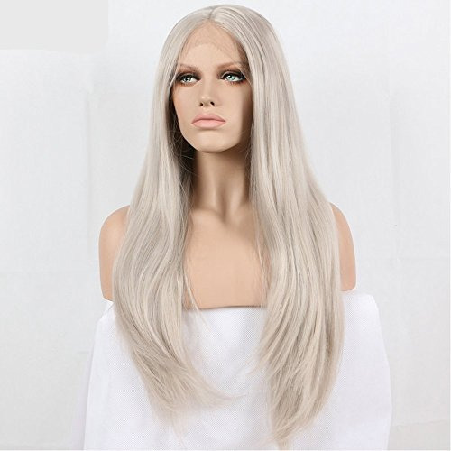 Peruca de cabelo comprido loiro platinado com renda frontal