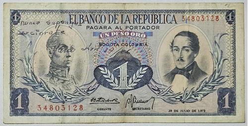 Billete 1 Peso 20/jul/1972 Colombia Vf