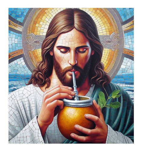 Vinilo 60x60cm Jesus Tomando Matecito Verde Venecitas