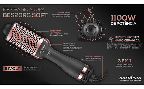 Imagem 7 de 8 de Escova Secadora Alisadora Britânia Soft Bes20rg 1100w Bivolt