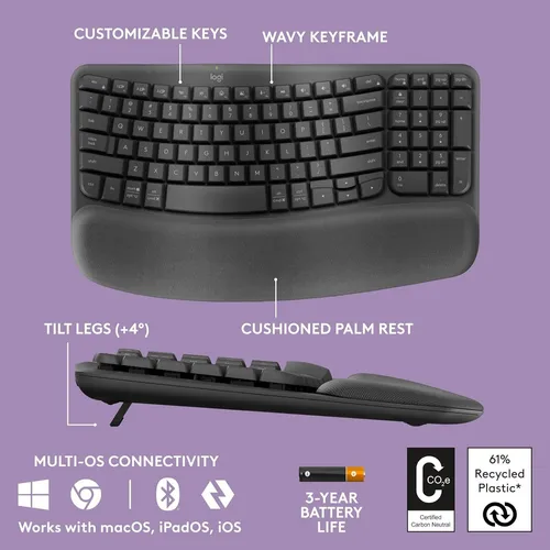 Teclado Logitech Wave Keys Ergo Inalambrico Negro Sp C