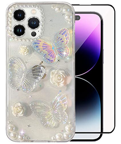 Lusamye iPhone 14 Pro Max Case,cute Clear 3d Butterfly Patte