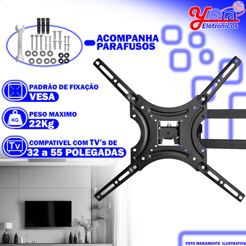 Suporte De Parede Universal Yara Eletrônicos Articulado Fixo Compatível Com Tv Monitor 32 Até 55 Polegadas 22kg