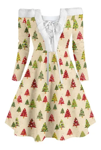 Vestido Navidad Para Mujer Coctel Vintage Manga Larga Fiesta
