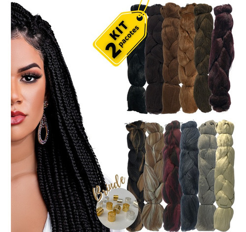 Kit Com 2 Jumbos  Box Braids Ser Mulher + Anéis Para Tranças Cor 1 Preto Intenso